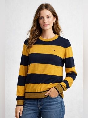 Tommy Hilfiger Mustard Yellow and Black Striped Crewneck Sweater